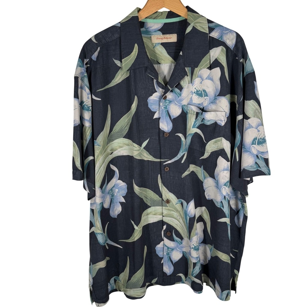 Tommy Bahama Mens XXL Silk Tropical Floral Camp Shirt Charcoal Short Sleeve - Picture 5 of 7